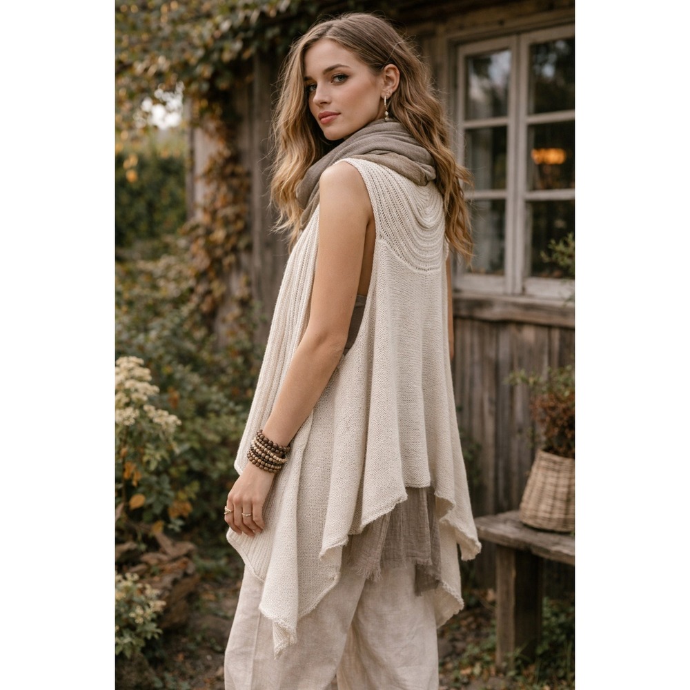 Pure Handknit Cream Cotton Lagenlook Flowy‎ Cardigan Sweater Vest S/M Boho Ivory